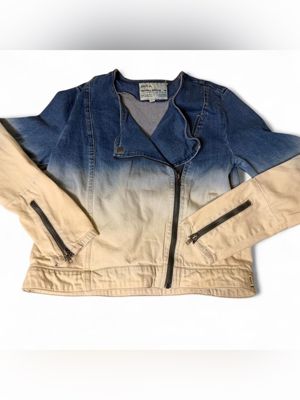 RVCA Shack Up Blue Ombre Moto Crop Denim Jacket Women's Size Medium
